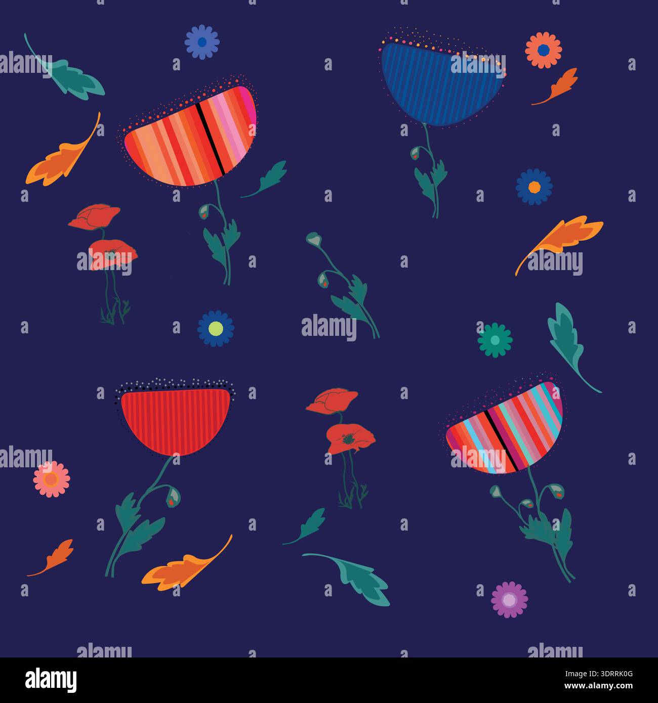 Colorful Folk Floral Seamless Pattern on Dark Background Stock Vector