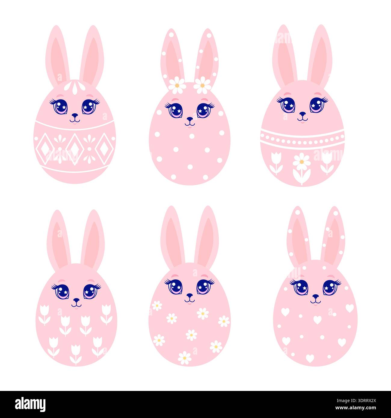 Pink Easter bunny eggs with long ears and floral patterns. Kawaii rabbit characters for spring holiday and nursery decor. Stock Vector