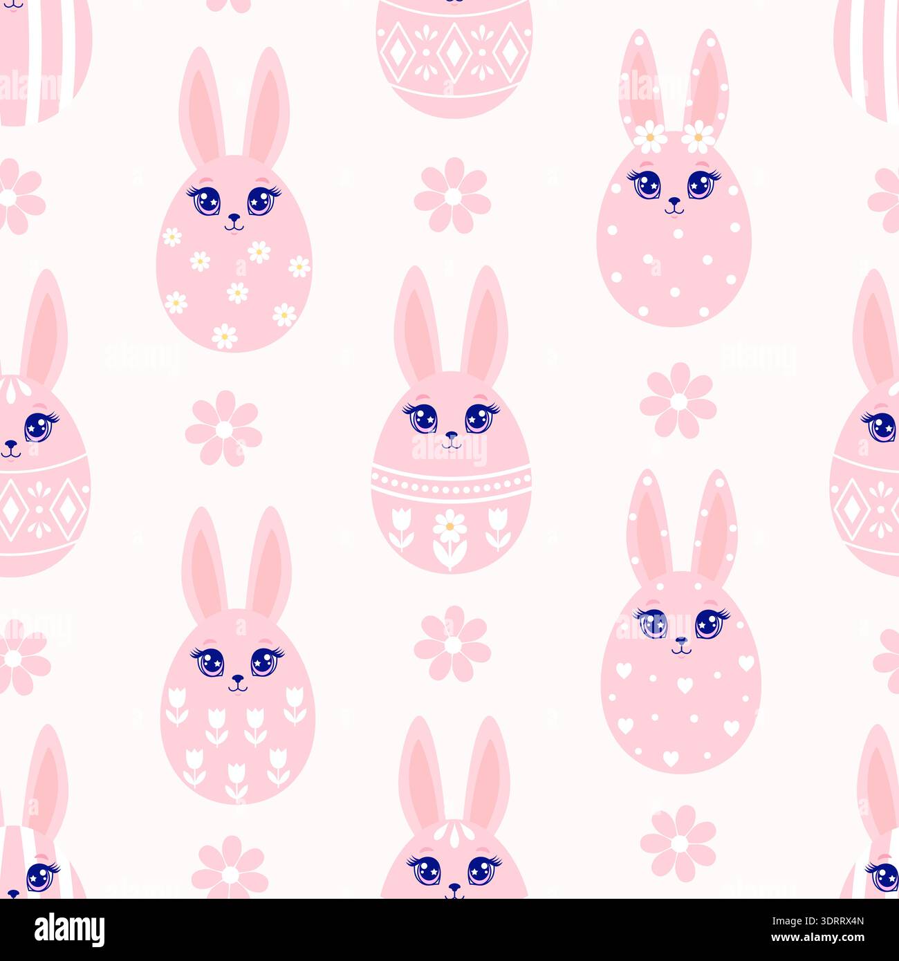 Seamless pattern with pink Easter bunny eggs and flowers on light background Stock Vector