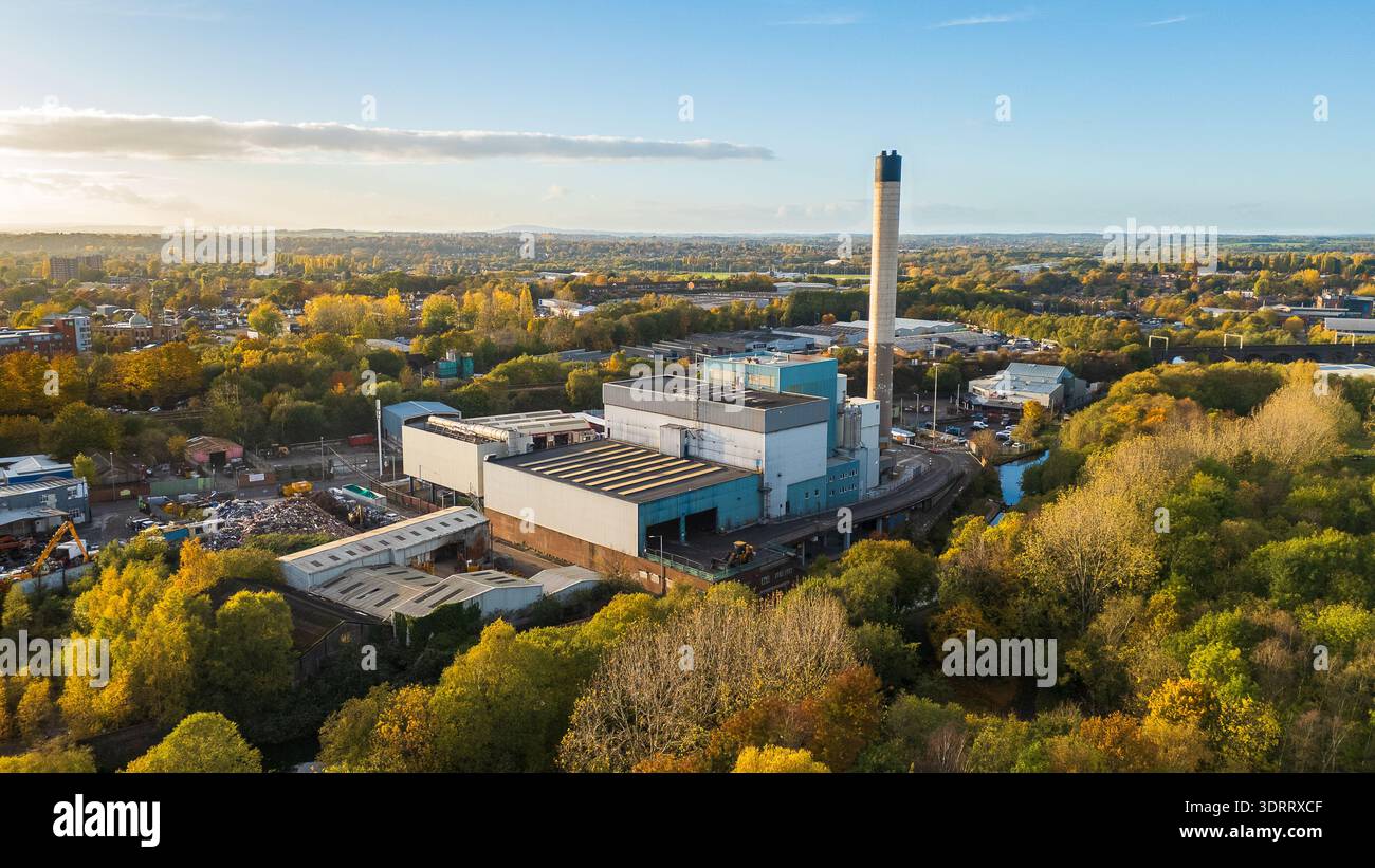 Aerial view of an Energy from Waste generation plant with chimney and ...