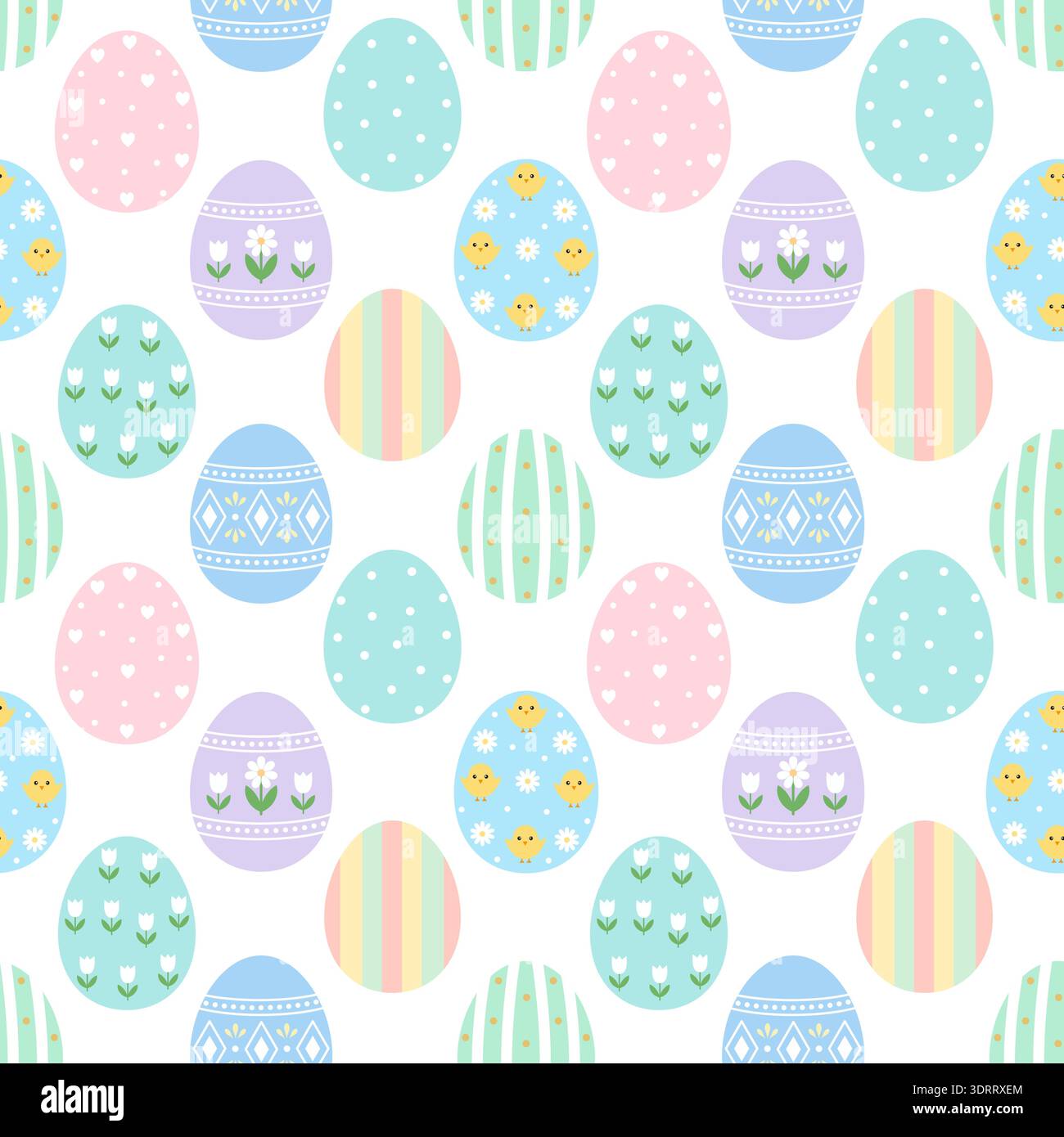 Seamless pattern with colorful Easter eggs, flowers, and chicks on a white background.  Stock Vector