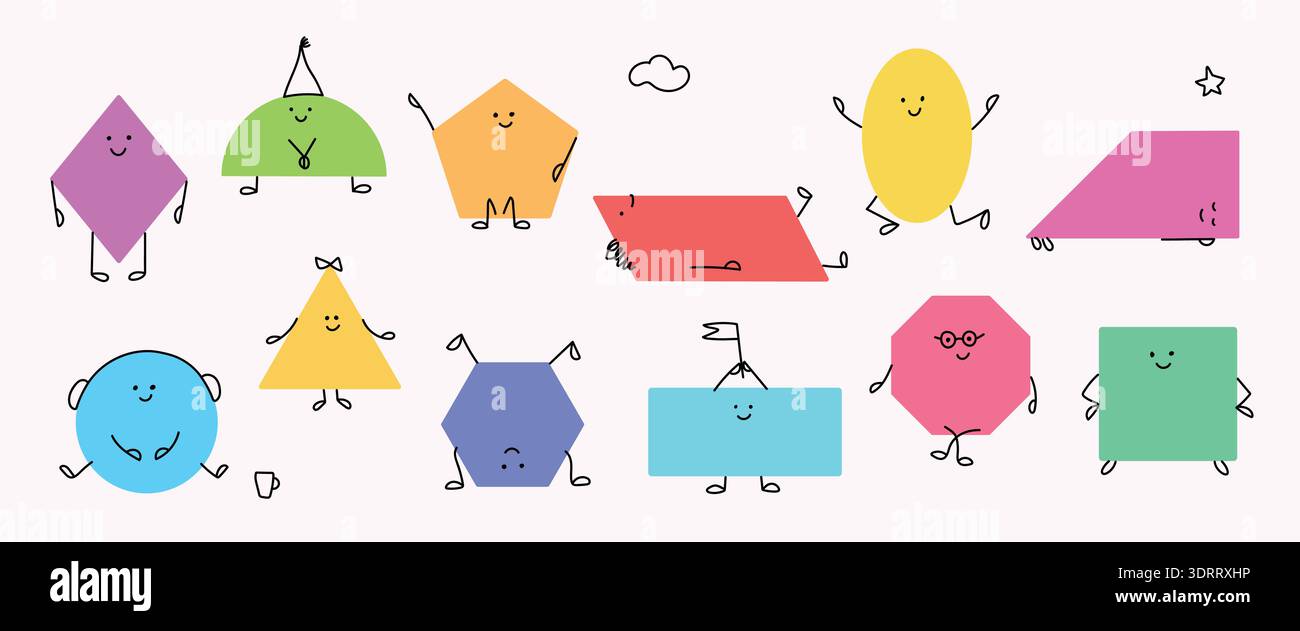 Cute Geometric Shapes Characters Educational Illustration Set Stock Vector