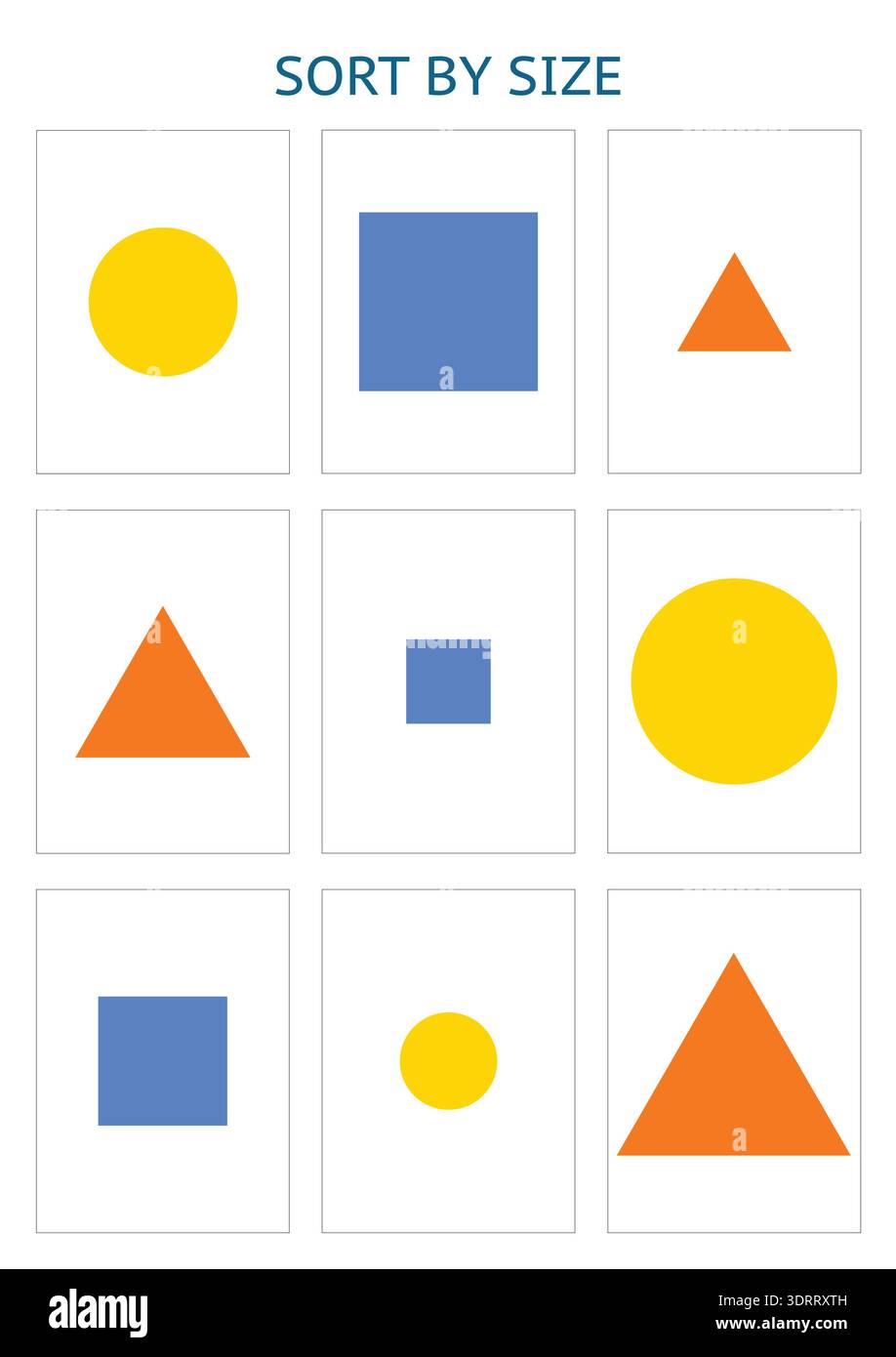 Size Sorting Printable Worksheet with Geometric Shapes Stock Vector