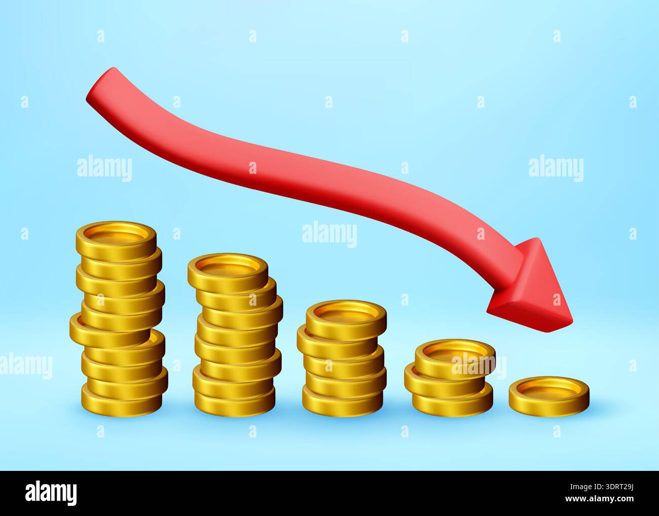 3D Red arrow and coins pointing down Stock Vector