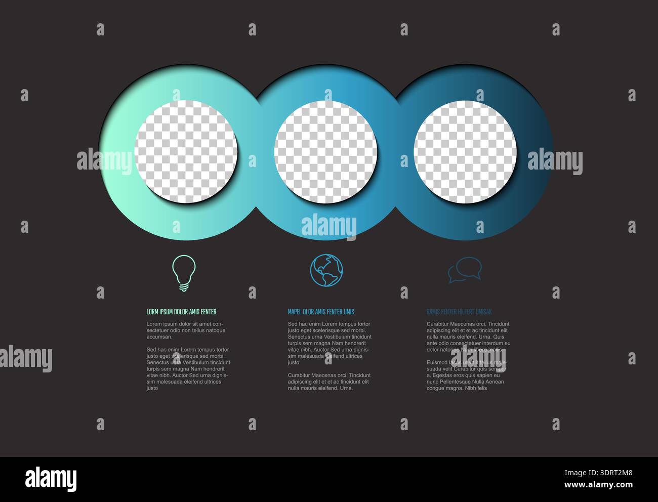 Graphic template with three step options containing photo placeholders and text boxes. Use this three step layout for professional business infographi Stock Vector
