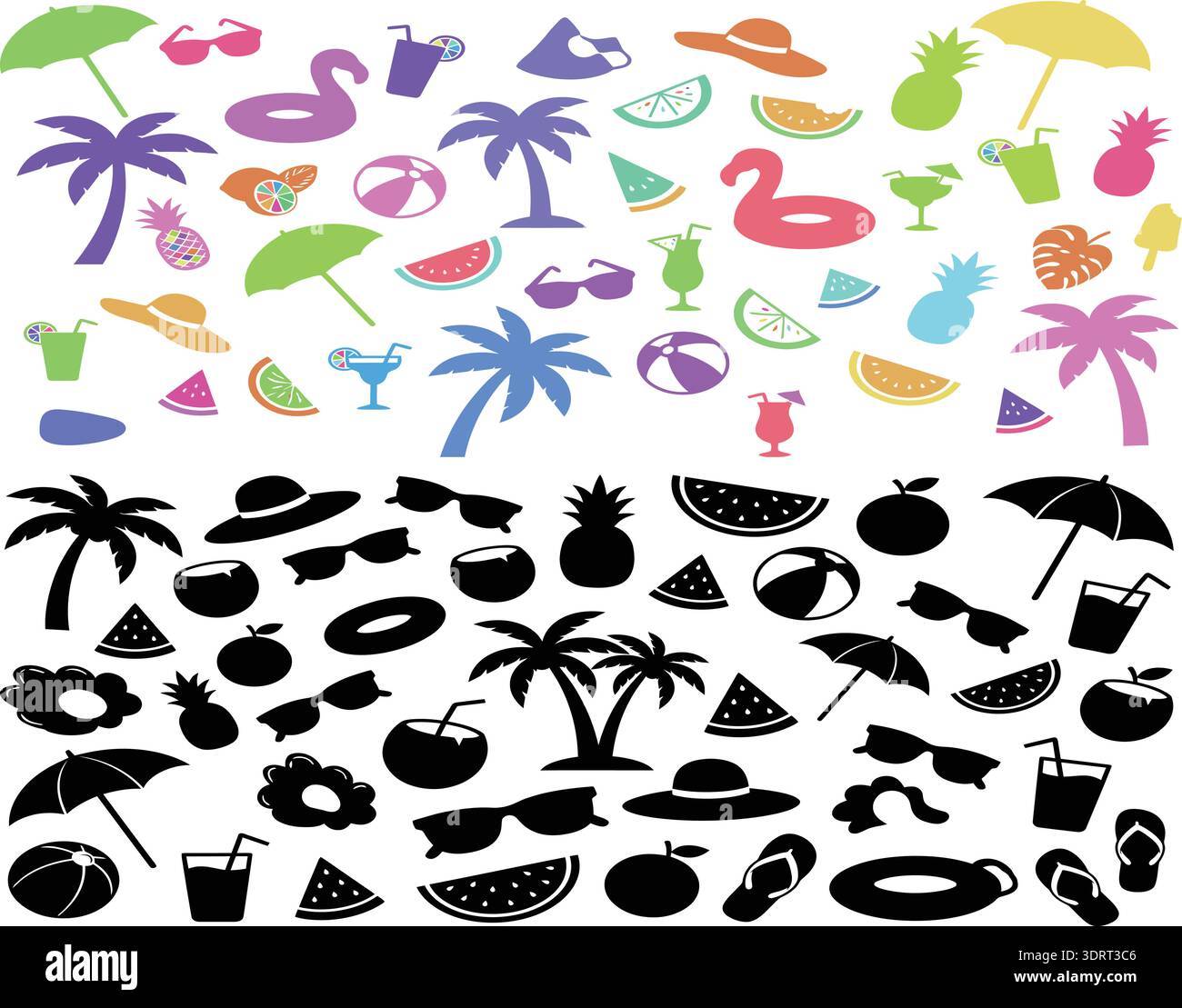 Summer Beach Party Elements Colorful and Black Silhouette Icons Vector ...