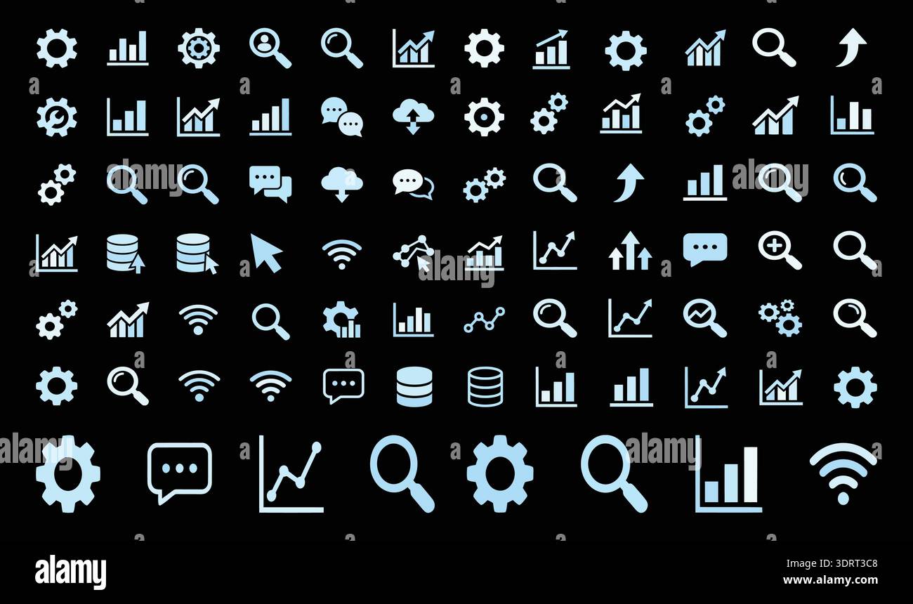 Business Analytics and Data Management Icons Set on Dark Background Vector Collection Stock Vector