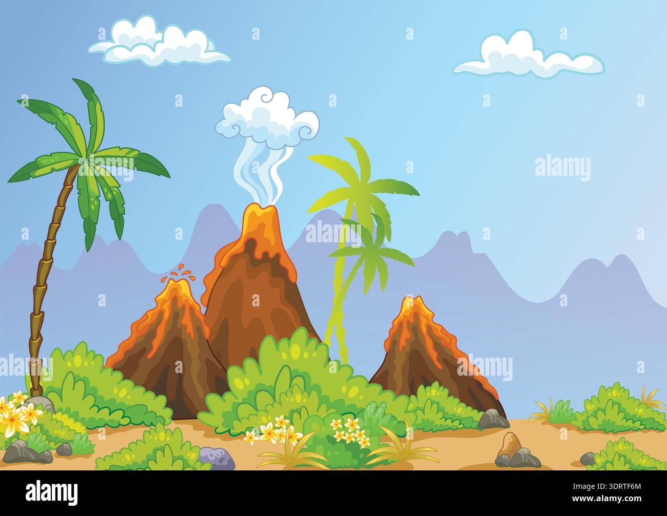 Natural landscape with volcanoes cartoon vector illustration Stock ...