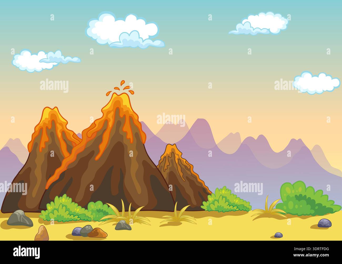 Landscape with mountain and volcanoes cartoon vector illustration Stock ...