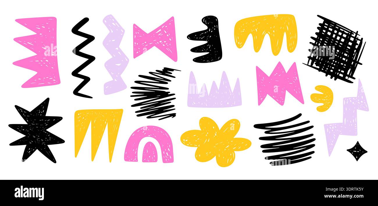 Trendy textured scribble doodle shapes set collage Stock Vector