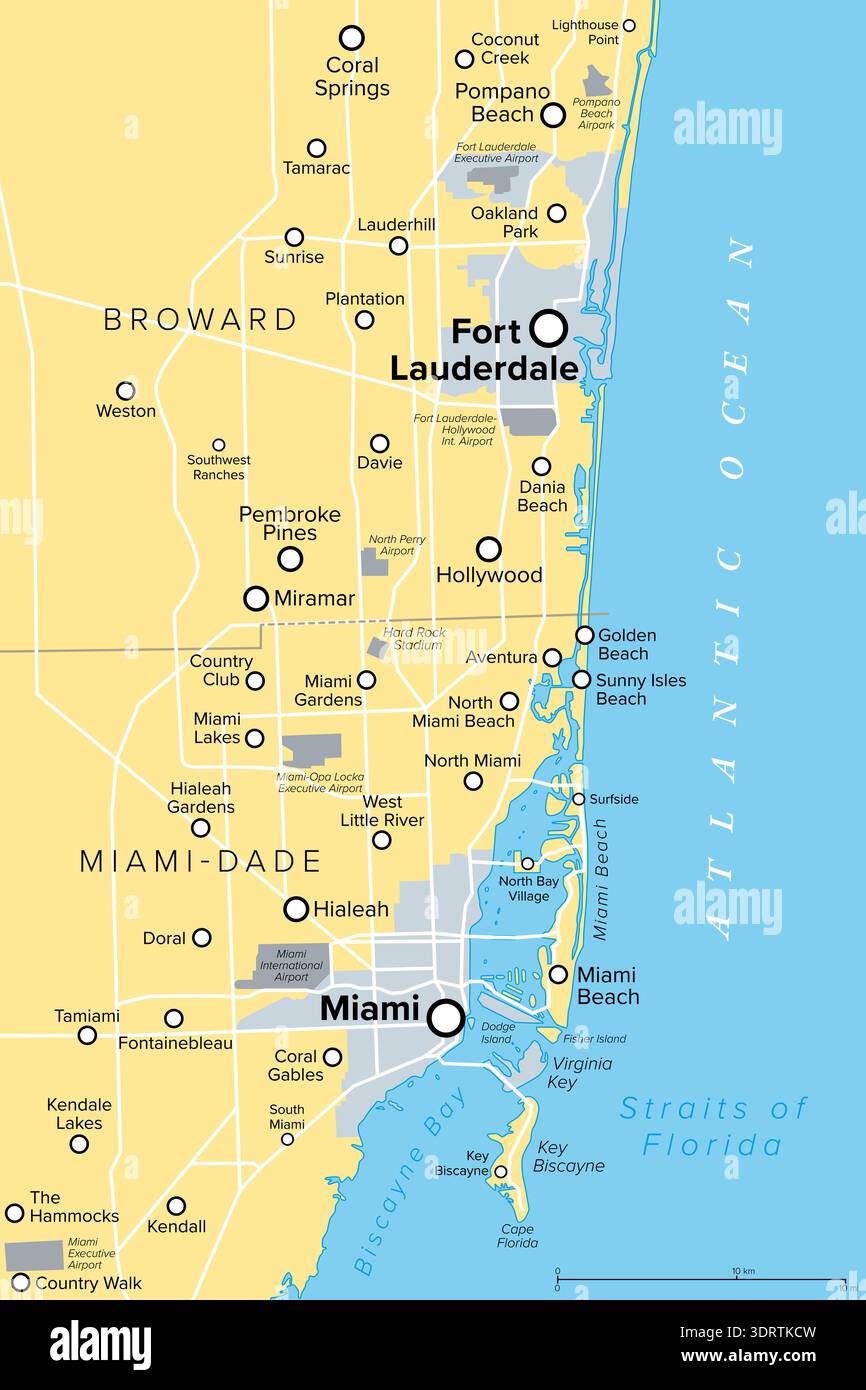 Miami And Fort Lauderdale In South Florida United States Political Miami And Fort Lauderdale In South Florida United States Political Map With Largest Cities A Part Of Miami Area 3DRTKCW 