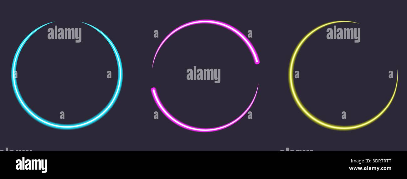 Colorful glowing neon light circle frames on dark background Stock Vector