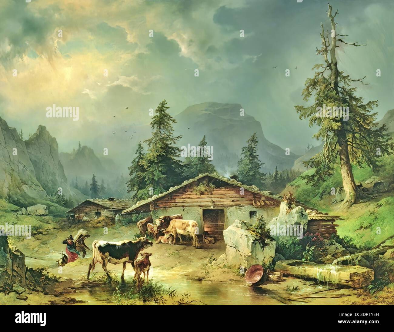 Friedrich Gauermann Alpine Hut in Rainy Weather (1850) oil painting, moody mountain landscape with rustic hut under stormy skies. Stock Vector
