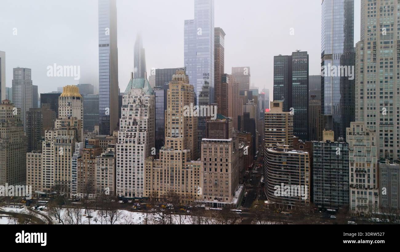 Midtown Manhattan skyline with Central Park edge in winter aerial