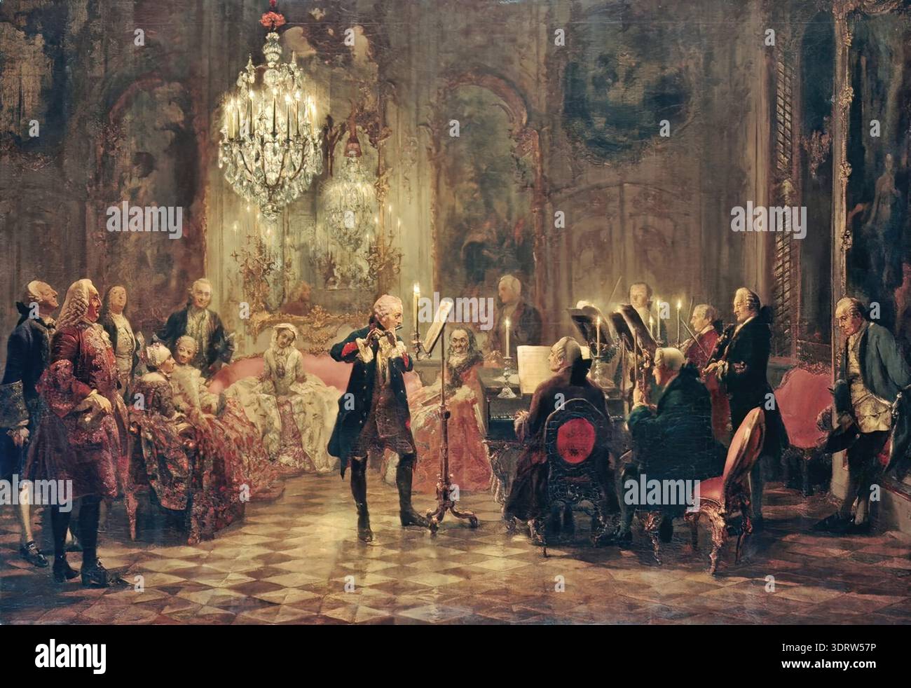 Adolph Menzel Flute Concert with Frederick the Great in Sanssouci (1850-1852) oil painting, detailed royal concert scene with musicians. Stock Vector