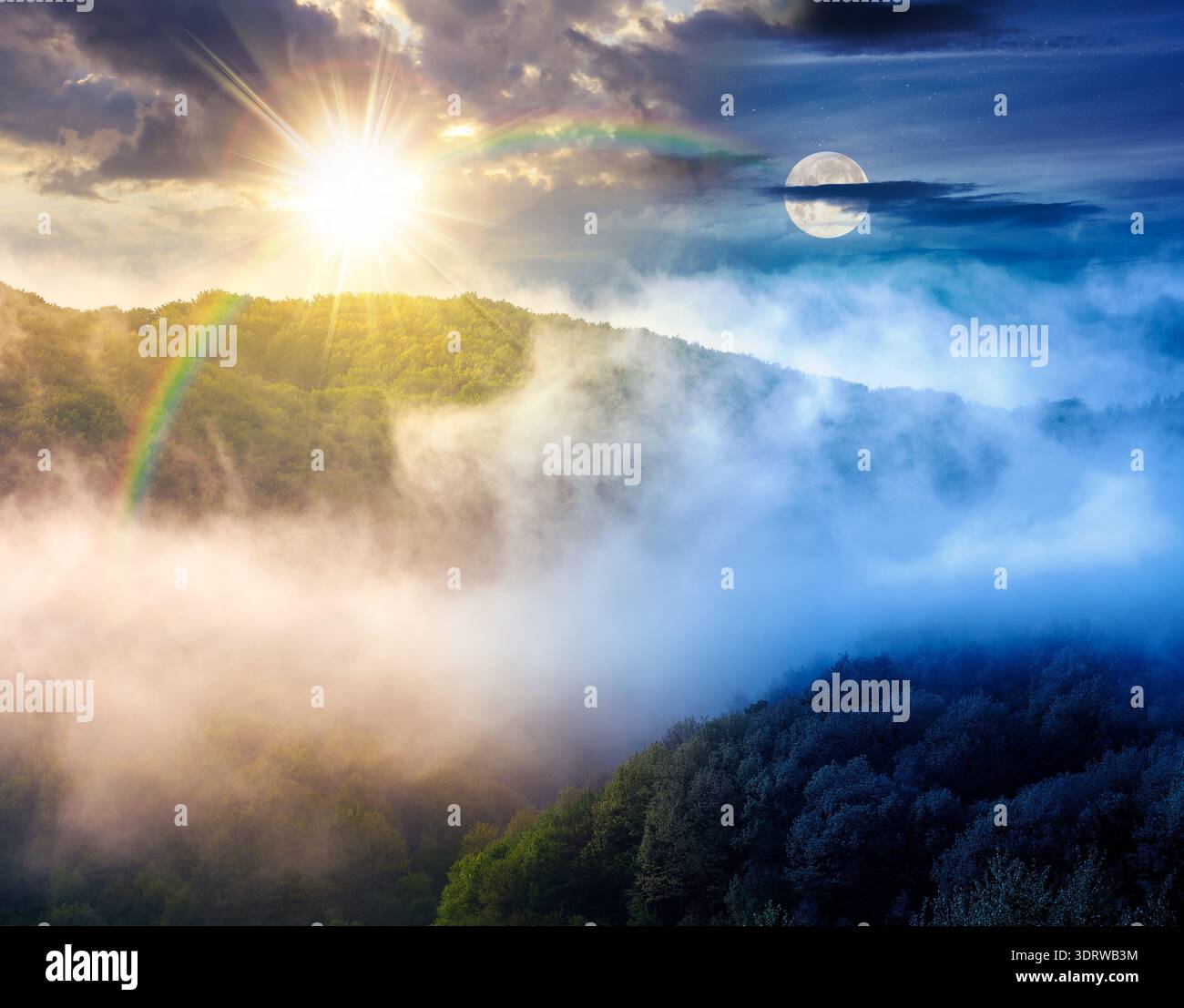 mountain landscape with cold fog. day and night time change concept. low clouds over the forested hill with sun and moon. outdoor scenery in spring fo Stock Photo