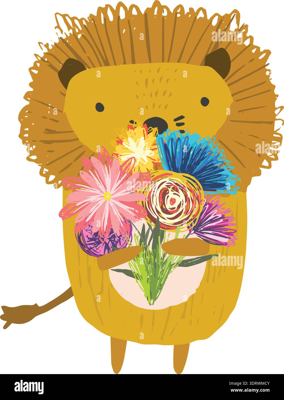 Cute childish hand drawn orange lion with bouquet Stock Vector