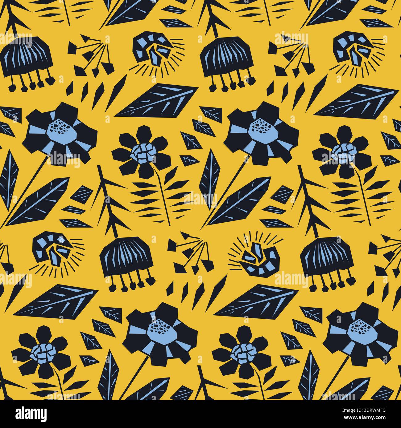 Contrast orange floral pattern with black flowers Stock Vector