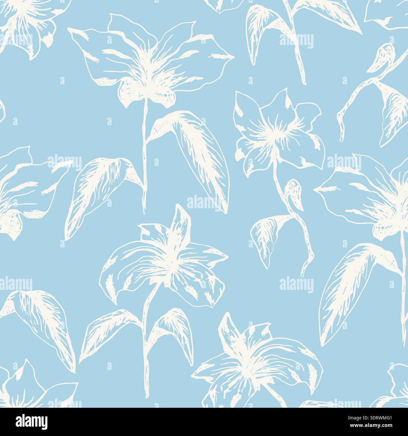 Tender blue pattern with white sketch flowers Stock Vector