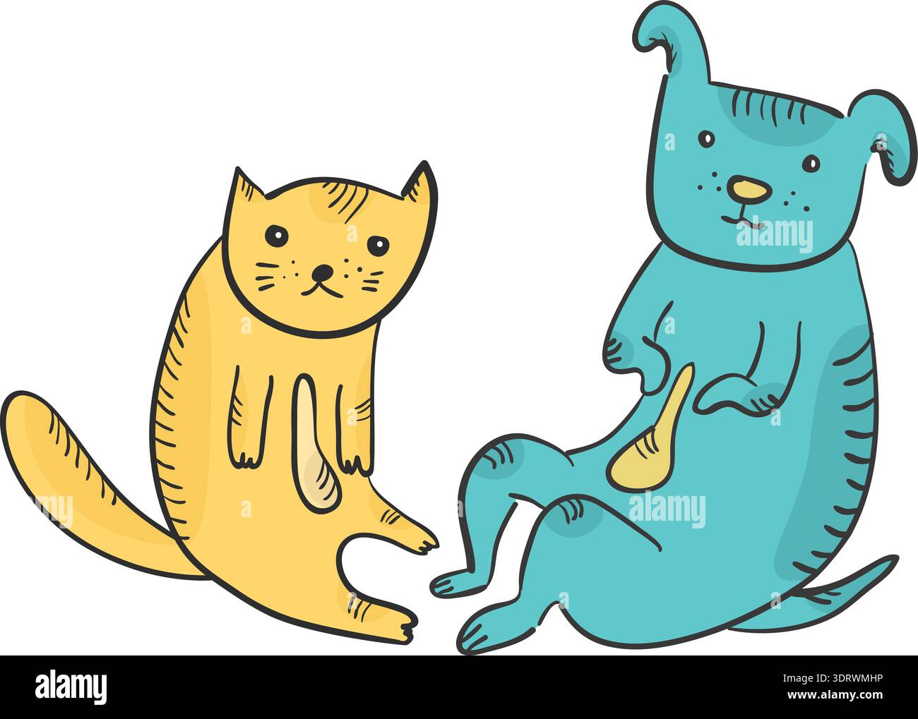 Cute cartoon sitting yellow cat and blue dog Stock Vector