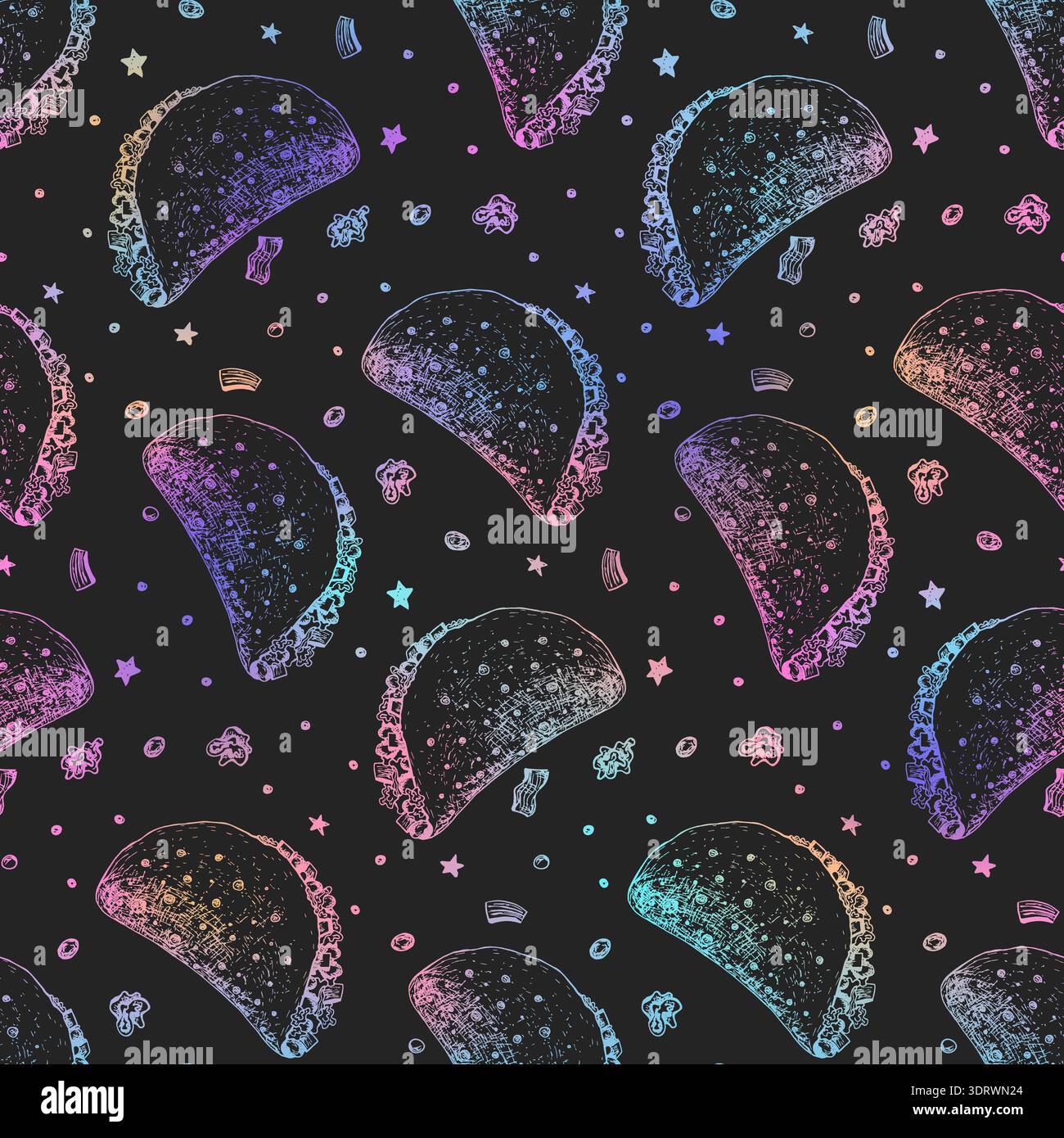Trendy holographic pattern with sketch taco Stock Vector