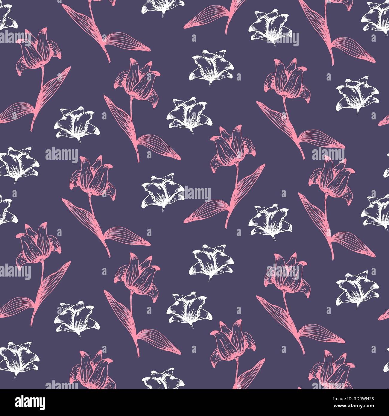 Dark elegant pattern with pink and white flowers Stock Vector