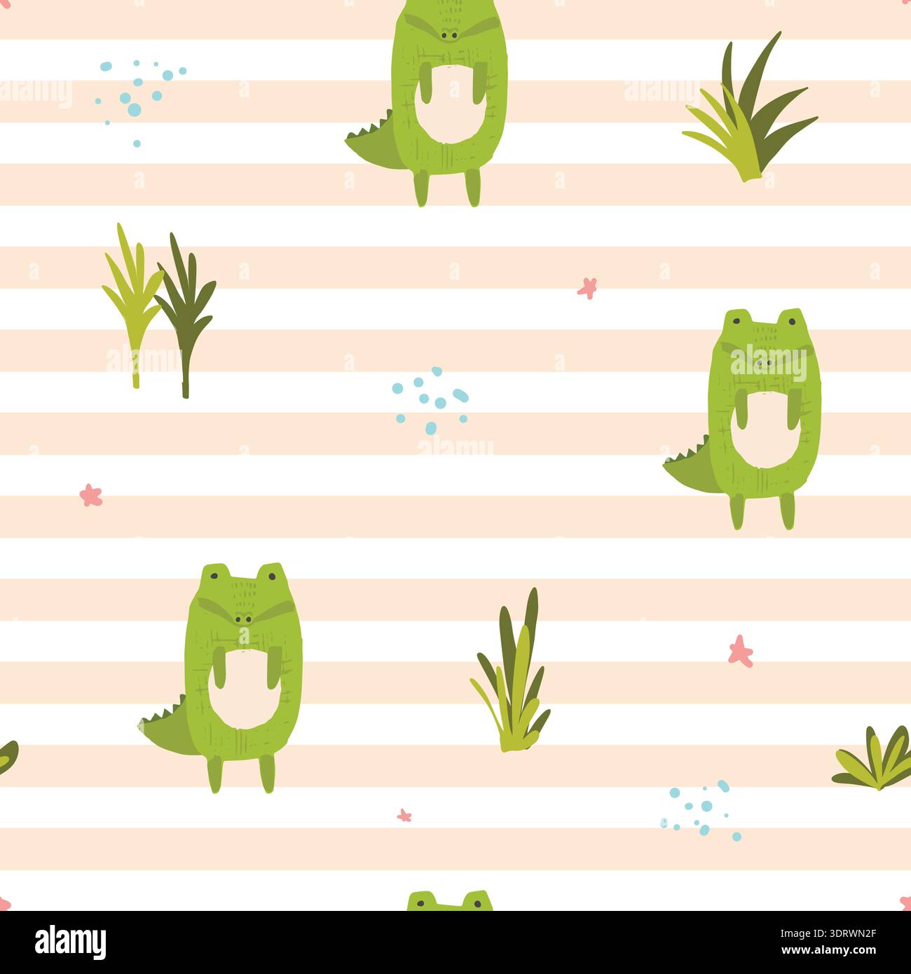 Cute cartoon orange striped pattern with crocodile Stock Vector