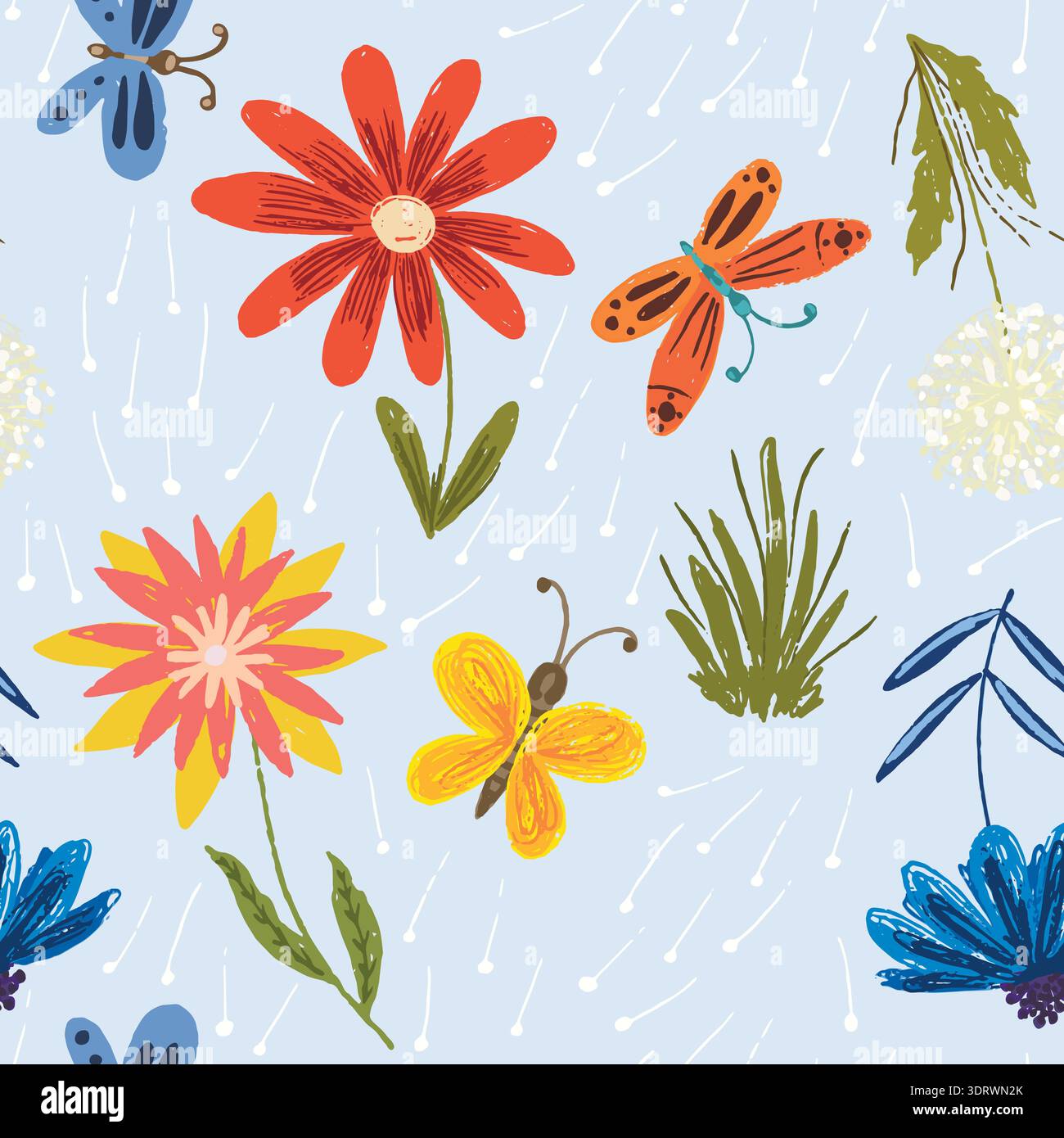 Cute pattern with red flowers and butterflies Stock Vector
