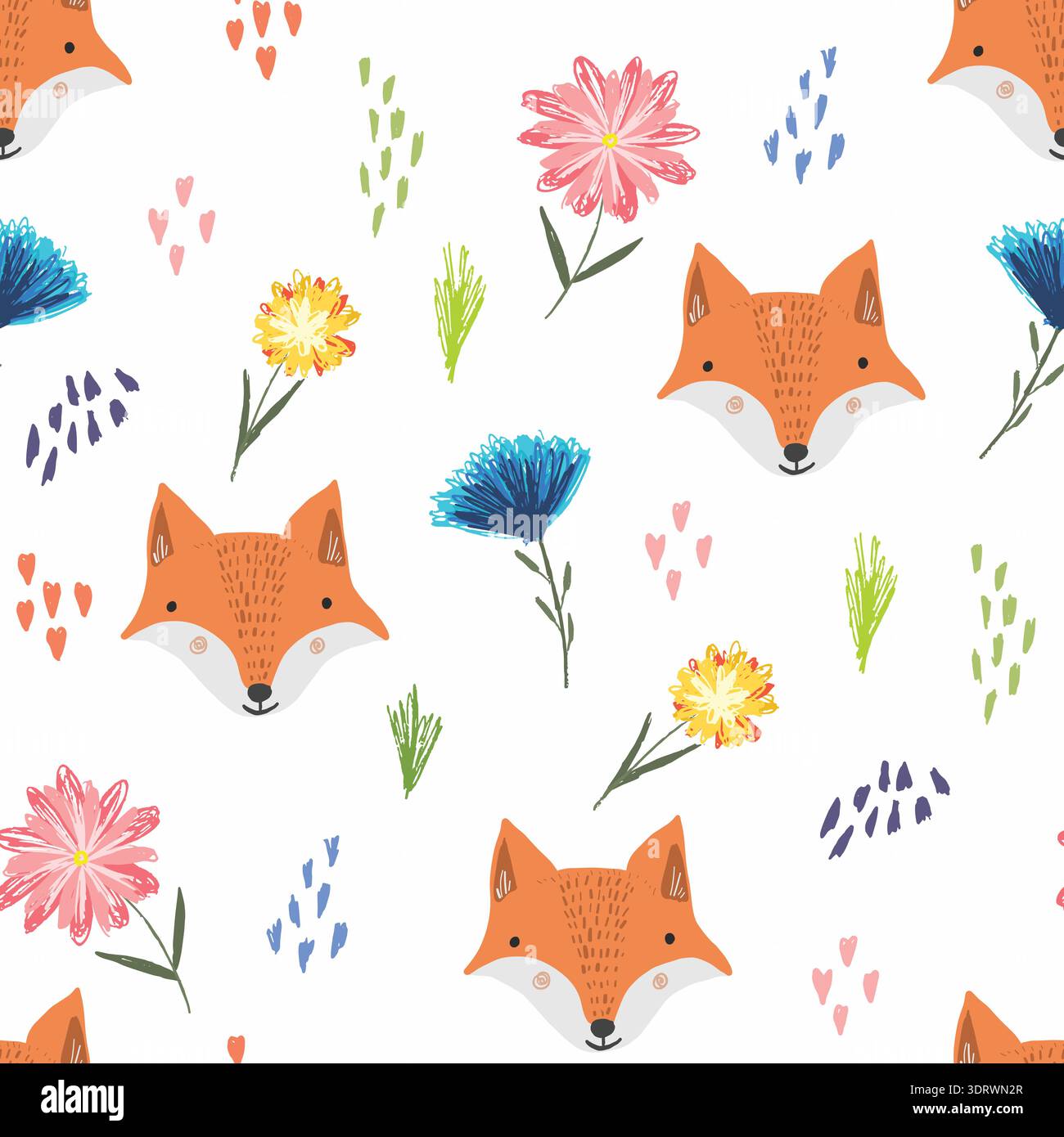 Cute cartoon pattern with foxes, dots and flowers Stock Vector