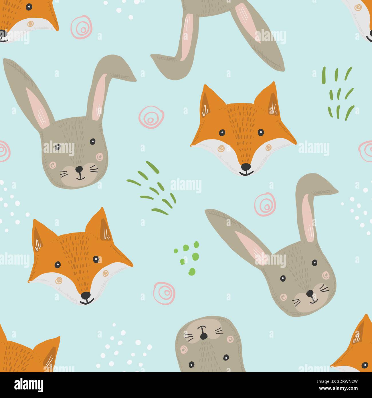 Cute cartoon pattern with fox, hare and grass Stock Vector