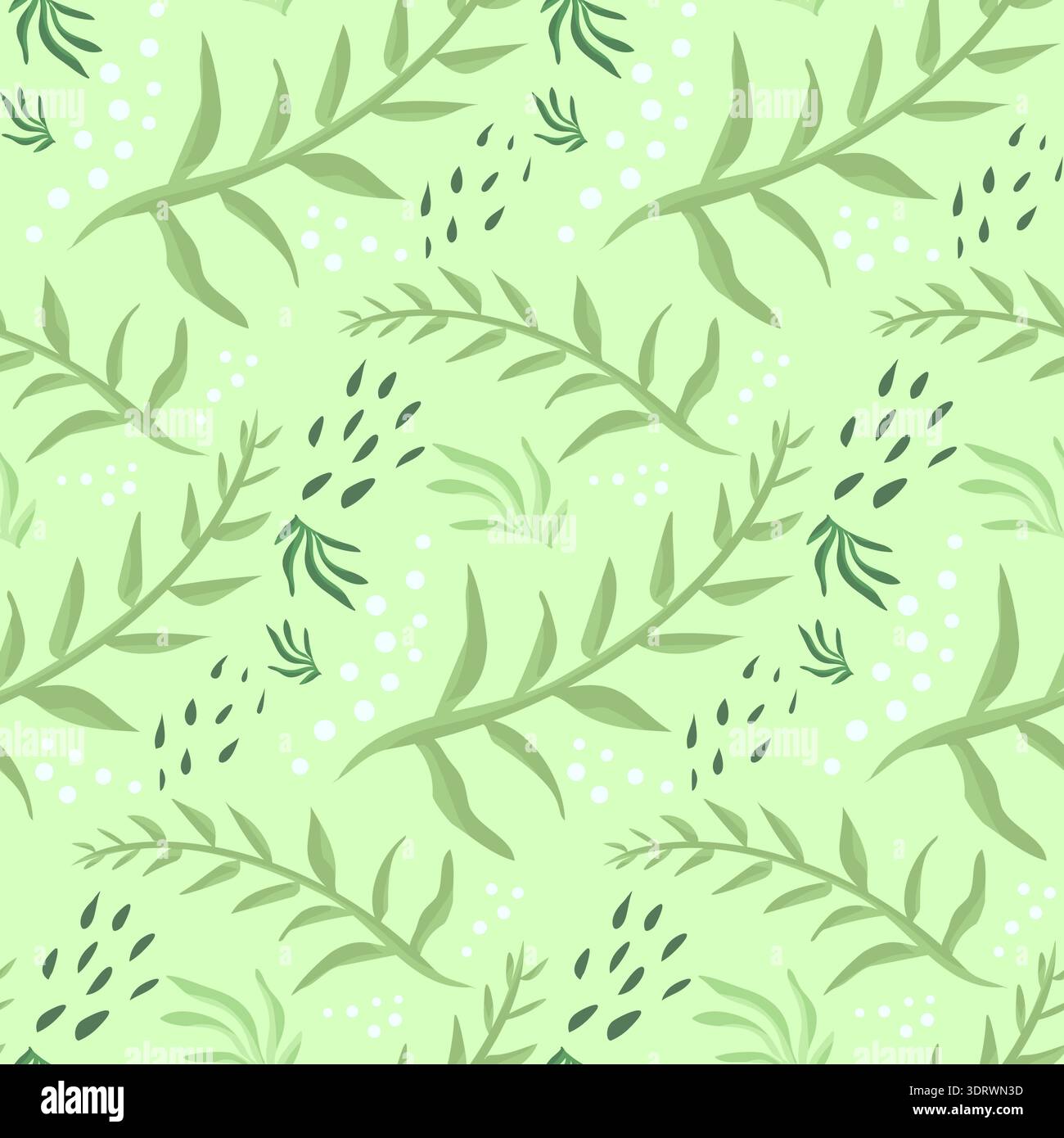 Tender spring pattern with green leaves and dots Stock Vector