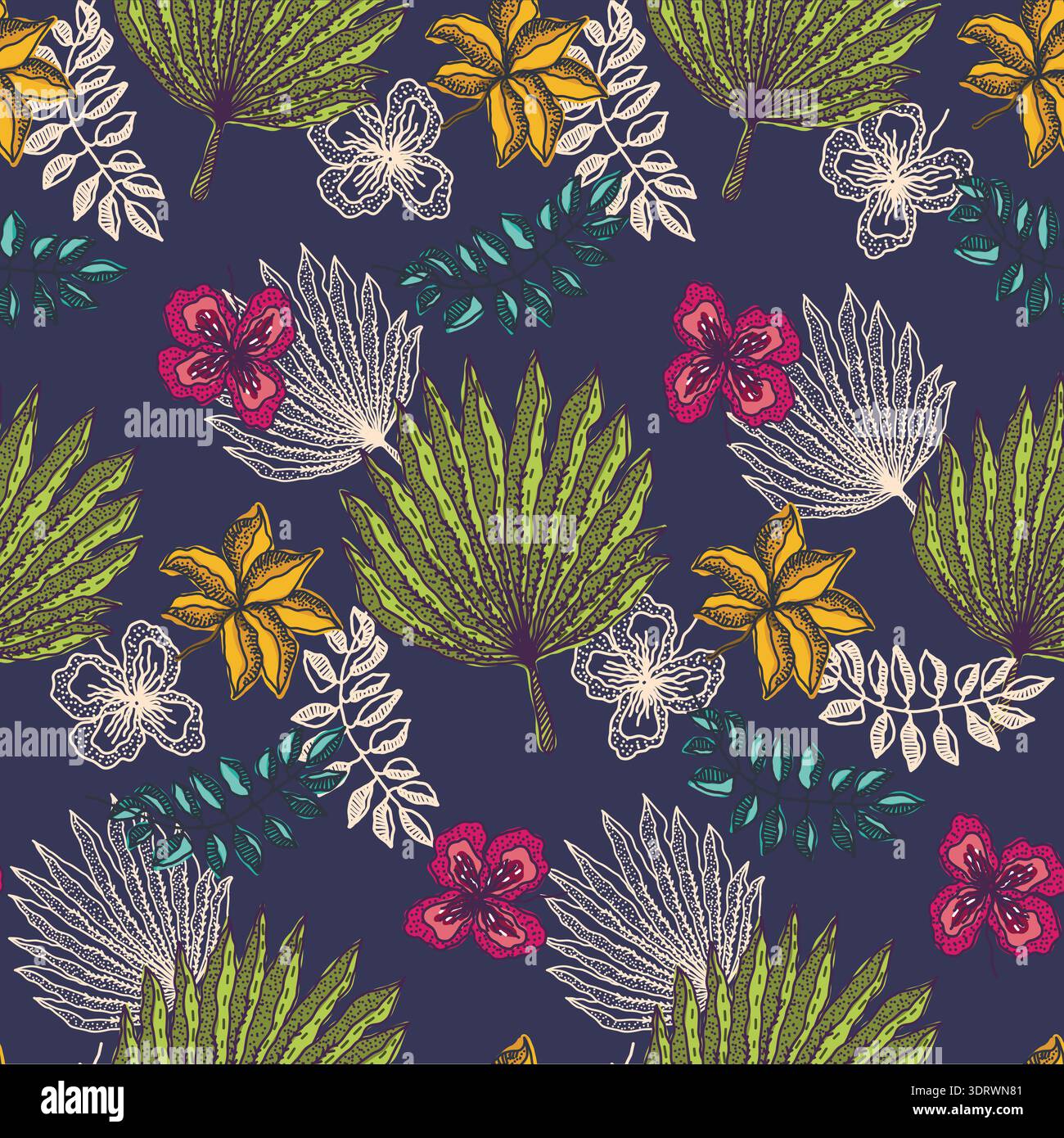 Contrast pattern with tropical leaves on dark blue Stock Vector