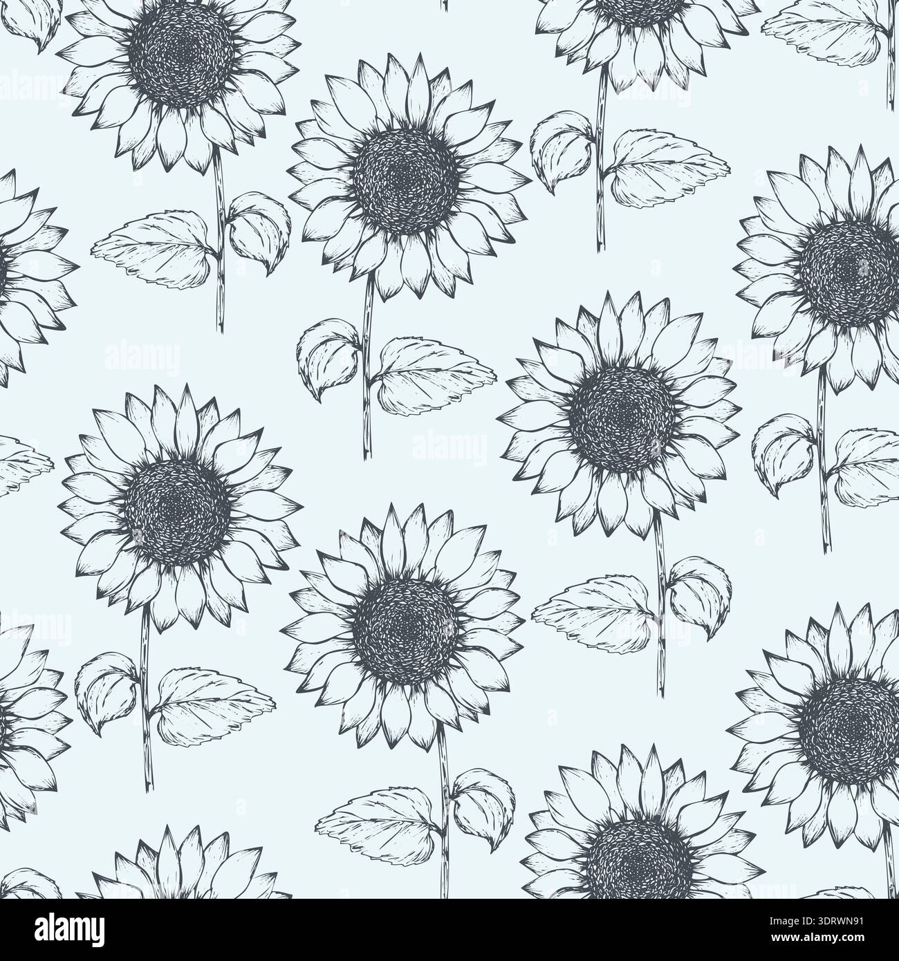 Vintage pattern with outline pen sunflowers Stock Vector