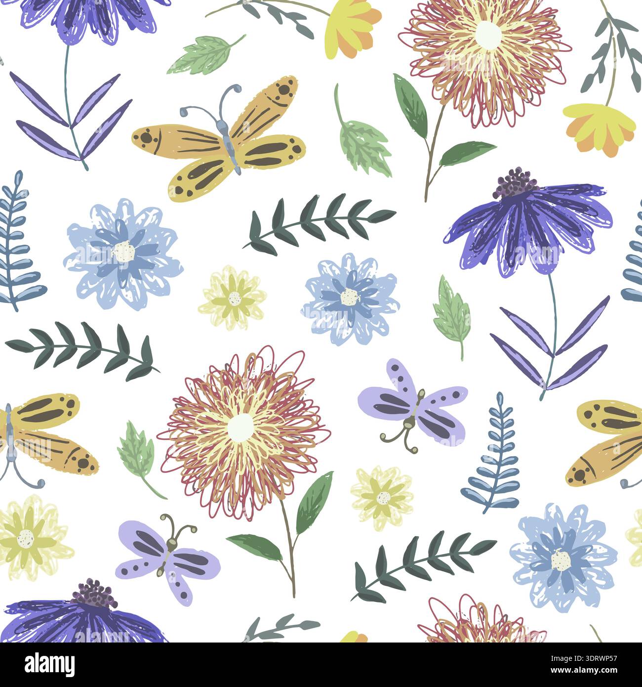 Cute tender pattern with flowers and butterflies Stock Vector