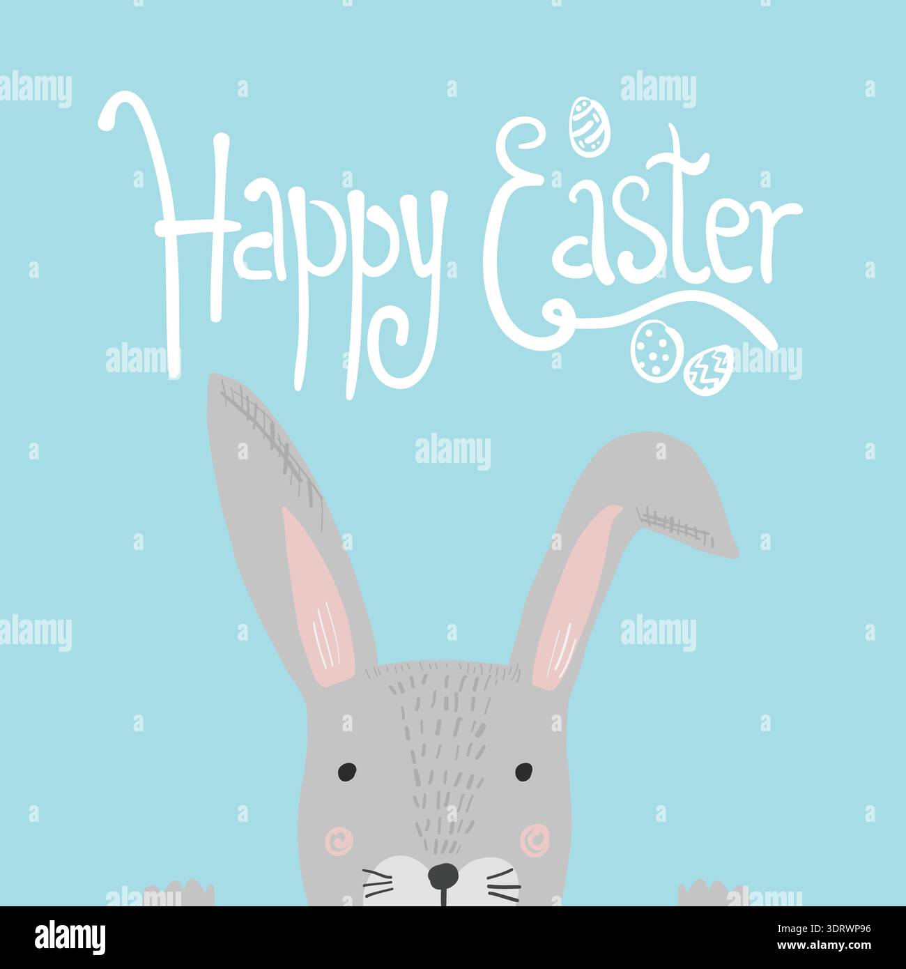 Bright blue Happy Easter poster with cute rabbit Stock Vector