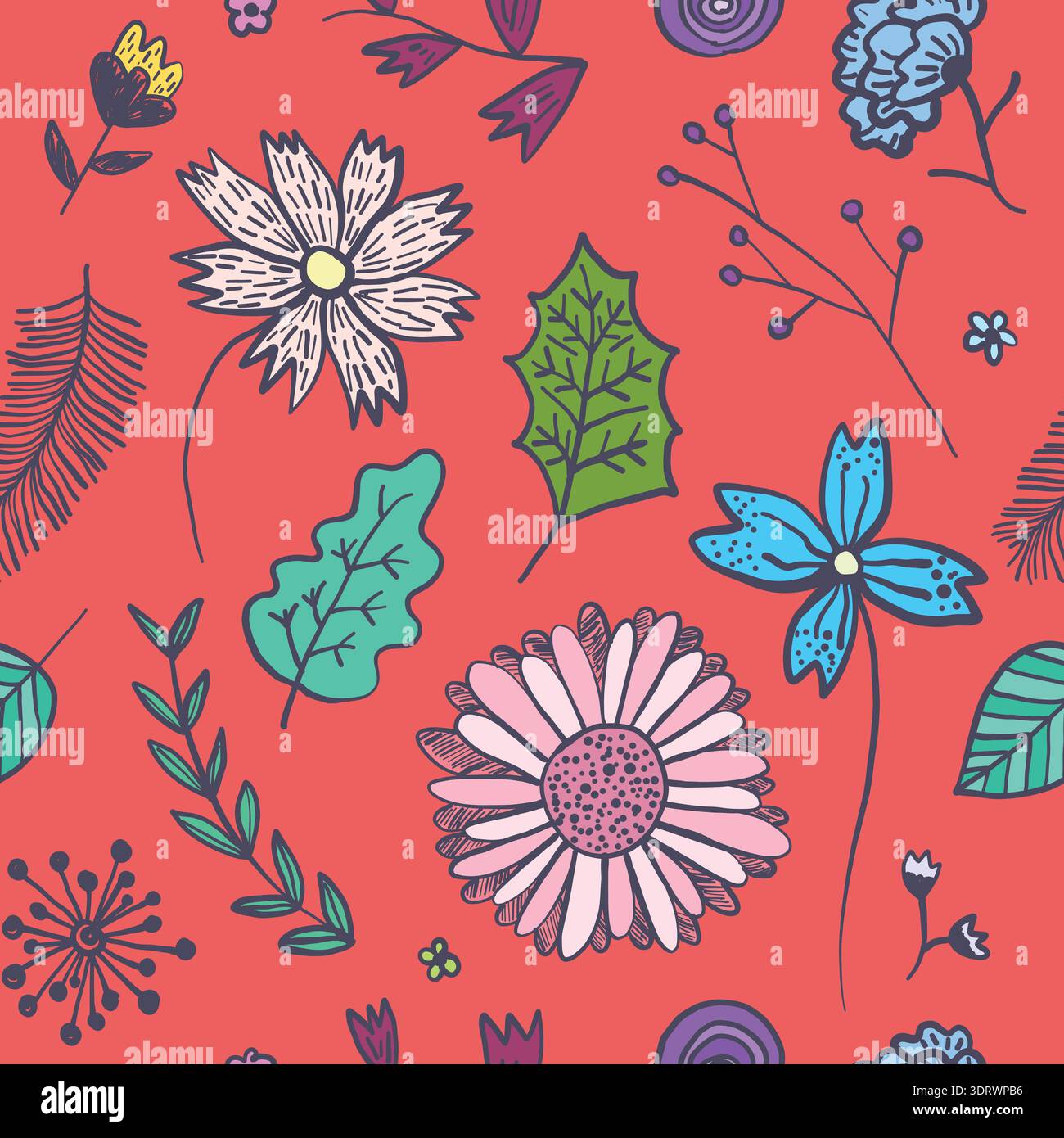 Bright red floral pattern with colorful flowers Stock Vector