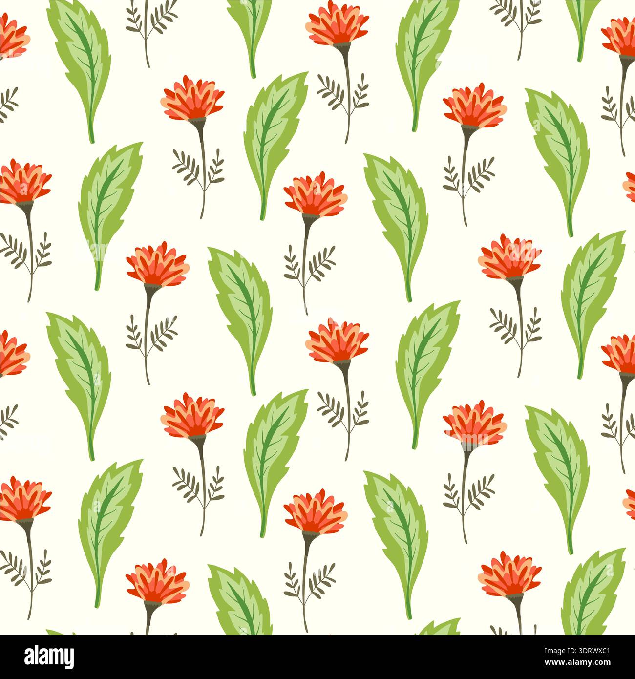 Bright floral pattern with cute red flowers Stock Vector
