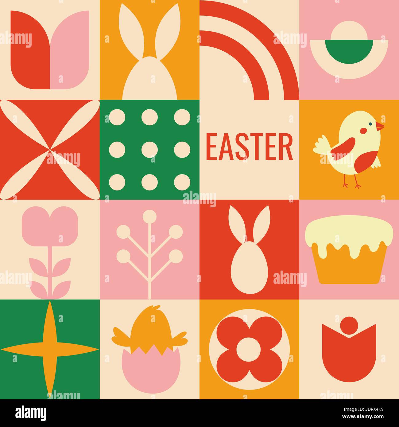 Geometric seamless pattern with bunny, spring flowers, bird, cake. Stock Vector