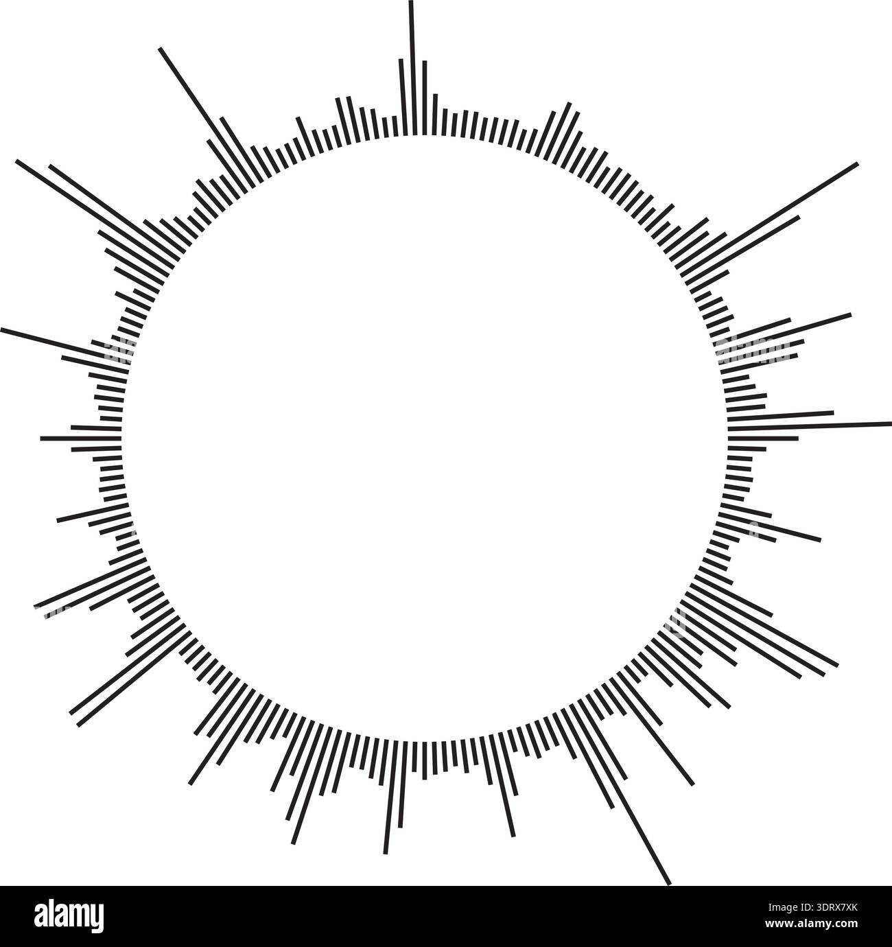 Vector circular sound wave pattern. Radial audio waveform illustration. Round equalizer with peaks. Stock Vector