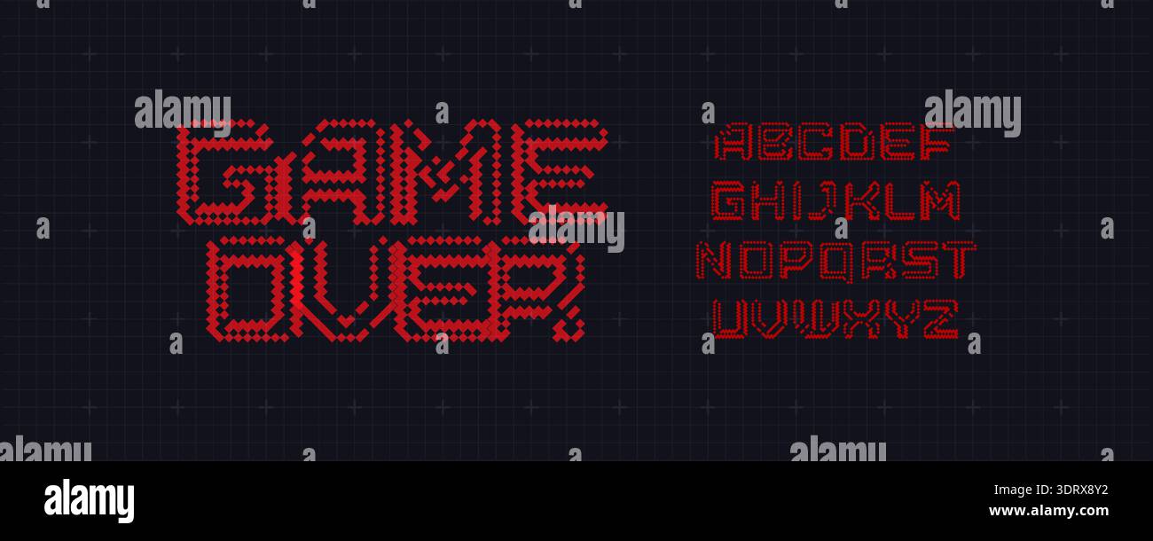 Game Over Font Logo Alphabet Y2K Pixel Letter Set Modern Typography, Arcade Typographic Design for Title Text, Gaming Typo Headline, Old Computer Type Stock Vector