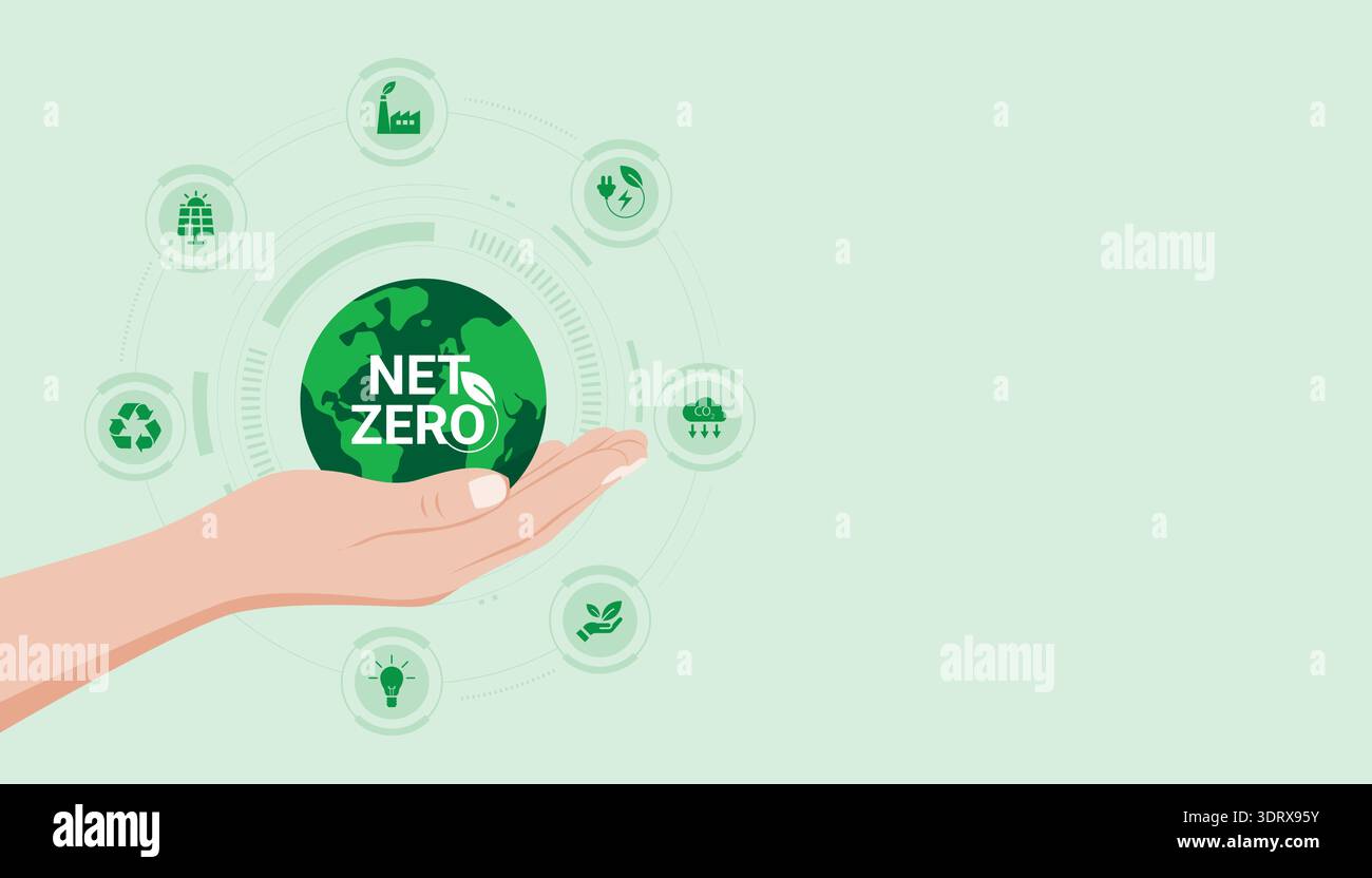 Net zero emission concept with earth in hand and sustainability icons ...