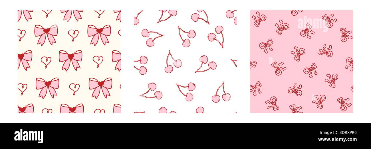 Seamless cherry pattern with cute bows and hearts on pink background. Sweet fruit print perfect for girly Valentine designs, retro fabric, trendy wallpaper, romantic gift wrapping. Stock Vector