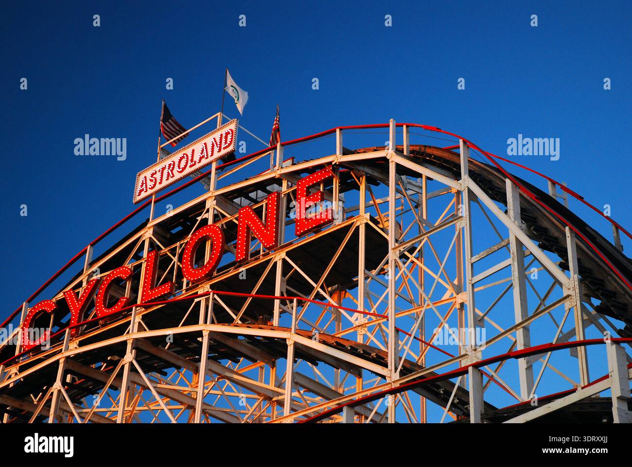 The wooden Cyclone rollercoaster stands on Coney Island in Brooklyn New York, waiting for the next thrill seekers Stock Photo