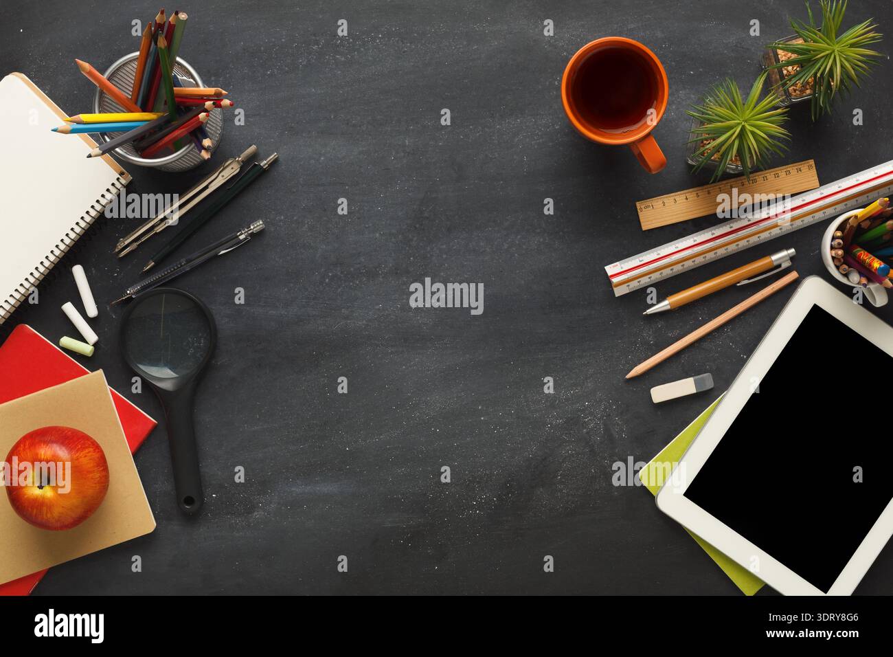 Creative Workspace Collage With Tools and Materials for Drawing and Design Activities Stock Photo