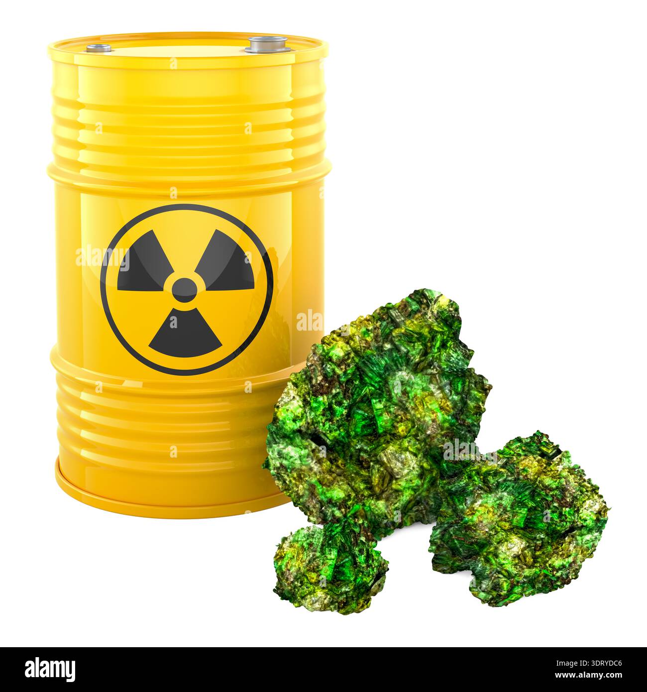 Radioactive waste barrel with uranium ore rocks. 3D rendering isolated ...