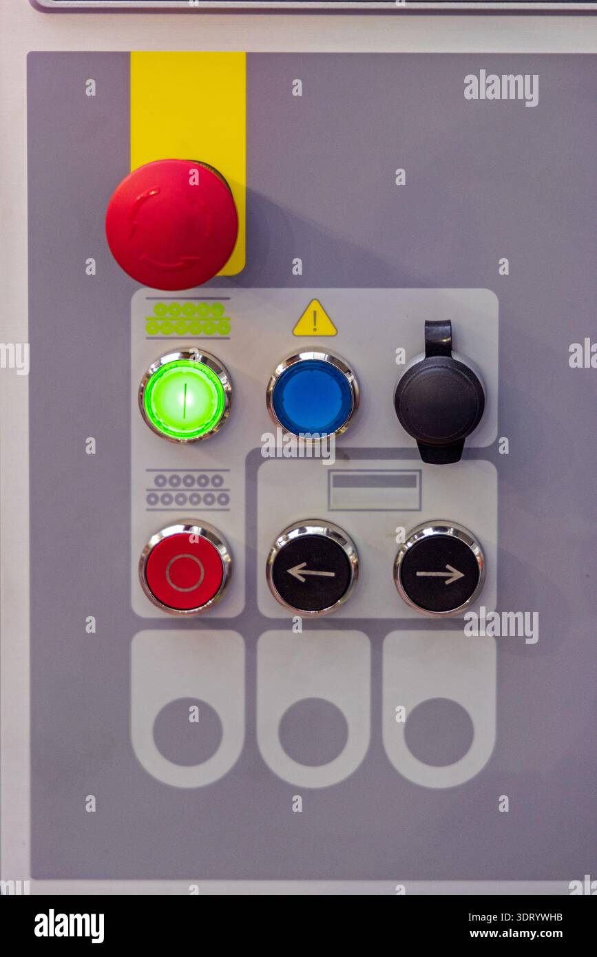 Power Switch Buttons Emergency Stop Machine Control Panel Stock Photo