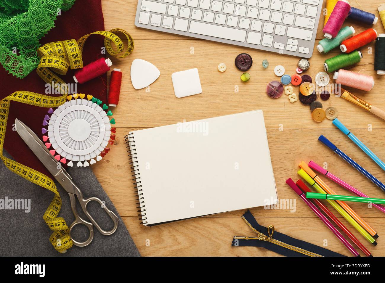 Creative Workspace With Tools and Materials for Crafting and Sewing Activities Stock Photo
