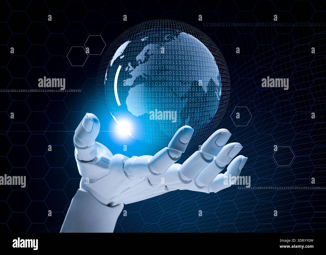 Robot hand holding virtual globe with sphere of binary code on dark background. Artificial intelligence in global development Stock Photo