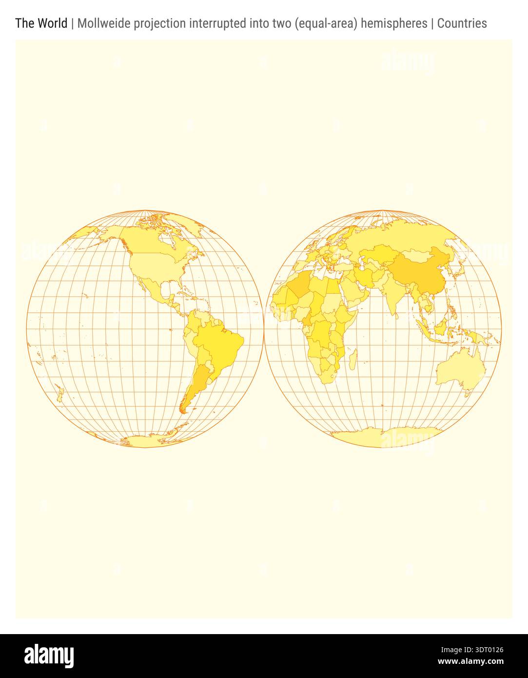 World Map. Mollweide projection interrupted into two (equal-area) hemispheres. Countries style. Stock Vector