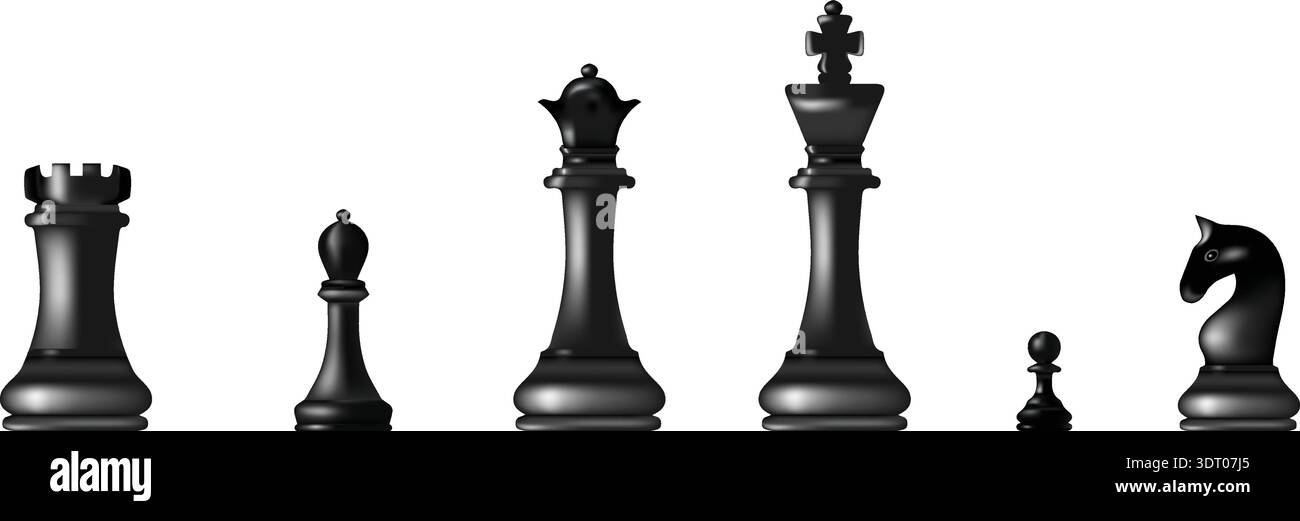 Check Pieces Set of black chess pieces including rook, bishop, queen, king, pawn and ...